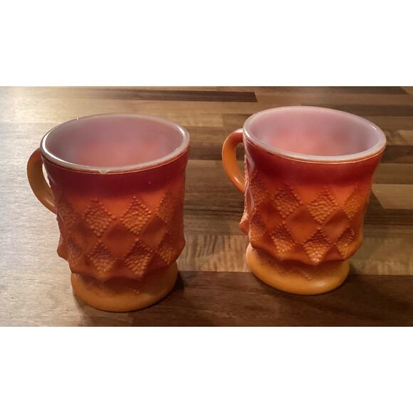 VTG Anchor Hocking Fire King KIMBERLY Textured Diamond Red Orange Ombre Mugs 3.5 - Picture 6 of 10